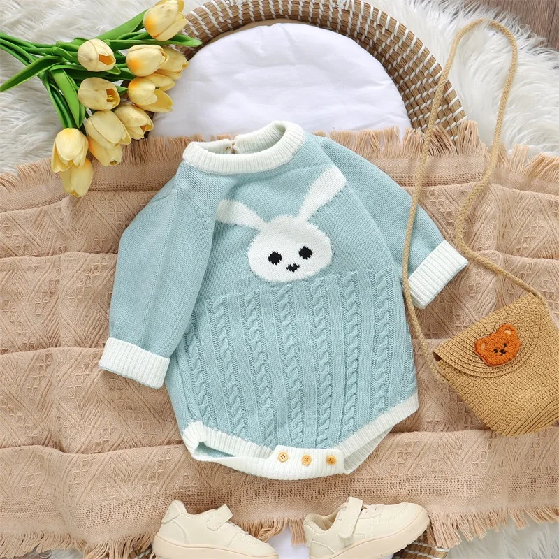 Newborn Baby Romper Infant Baby Knited Outfits Bunny/Heart Print Long Sleeve Jumpsuit for Boys Girls 1Piece Overall