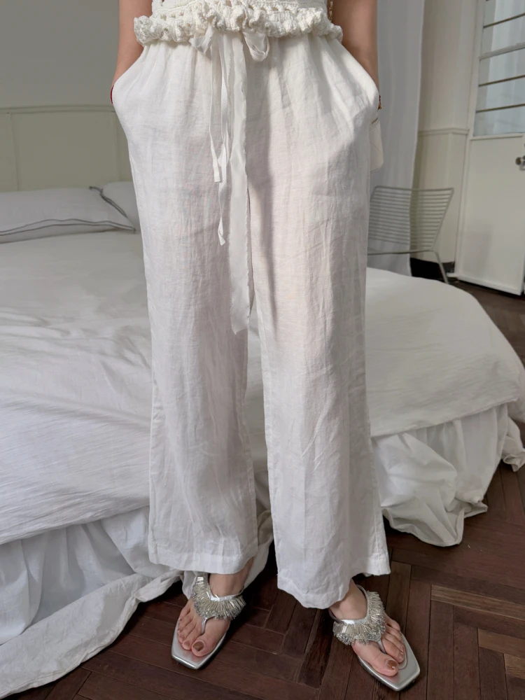 

Льняные брюки свободного кроя TZCO25 Summer White, повседневные, с двойной талией, 100% лен, с эффектом мятой ткани, женские, модные