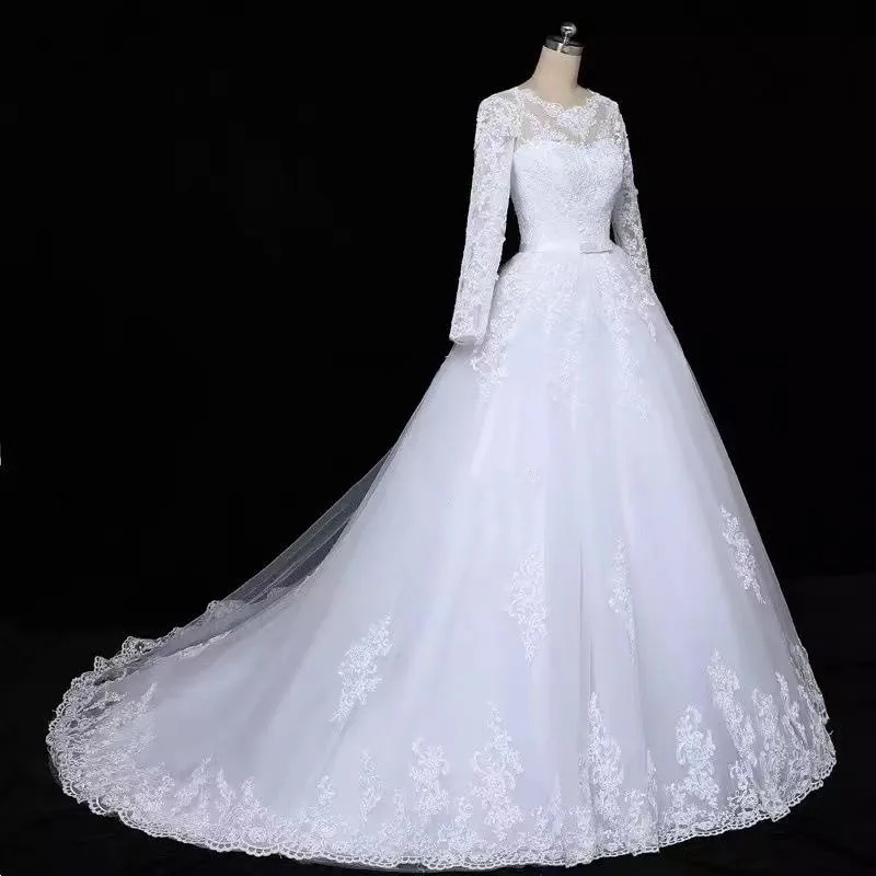 

Elegant O-neck Lace Wedding Dress Long Sleeves Simple Lace Up Trailing Wedding Ball Gown For Brides