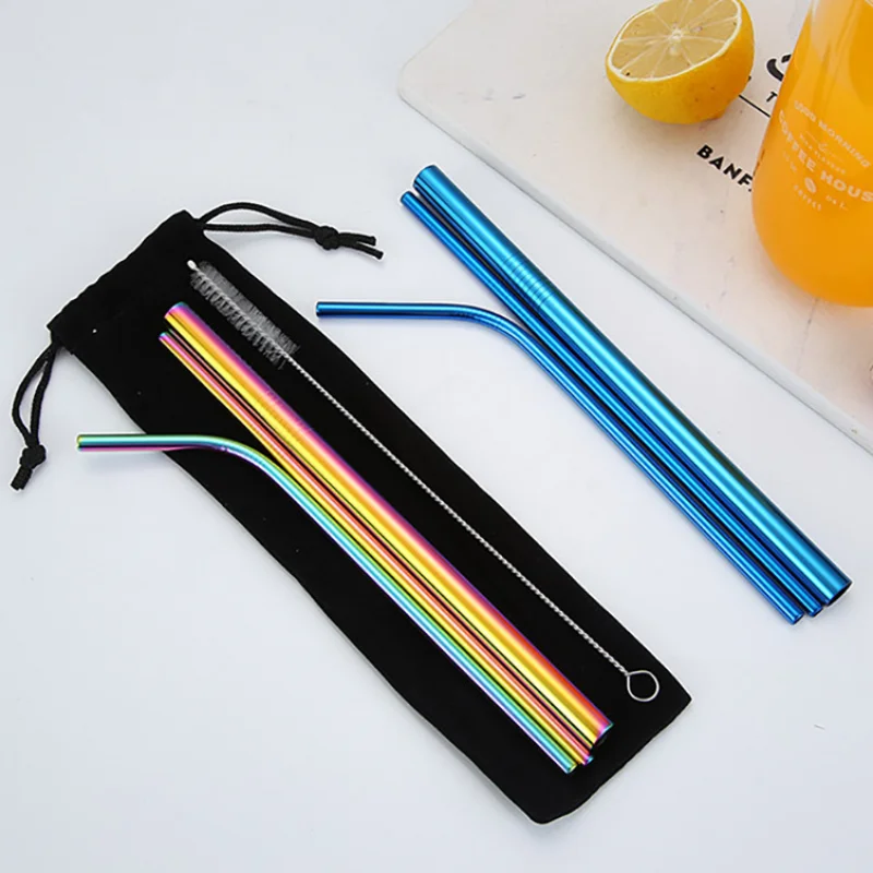 304 Stainless Steel Straw Set Group Ice Bully Cup Stainless Steel Straw Tea With Milk Straw 4 Income Group Cloth Bag Suit Straw