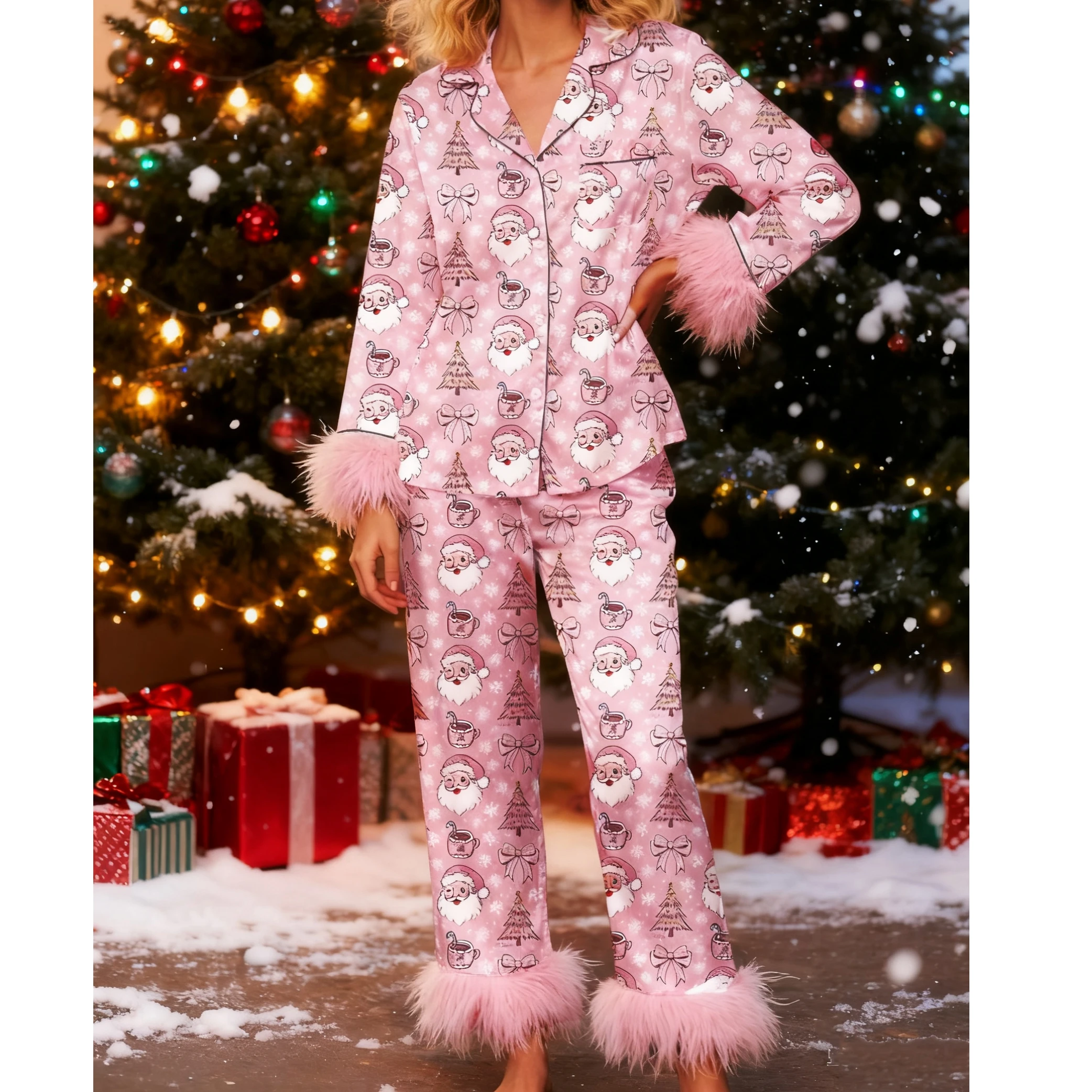 Women's Christmas Pajama Set Pink Santa Print Fluffy Feathered Cuffs and Hems Two Piece Lounge Set Soft Holiday Sleepwear