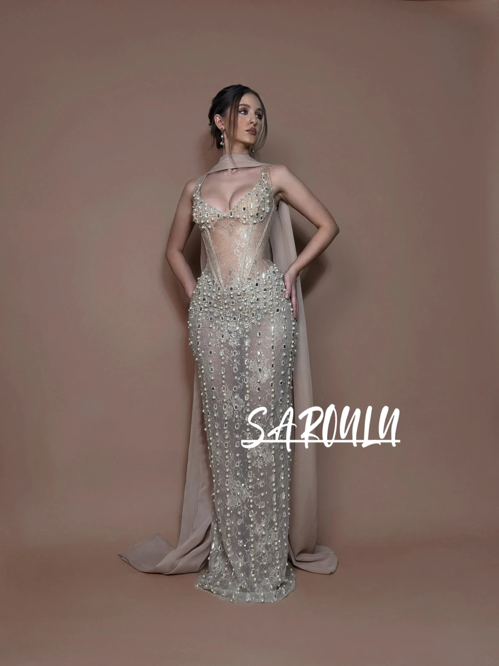 

Nude Pearls Crystals Embellished Evening Dress Women Sexy Deep V Sheer Lace Shawl Corset Richly Formal Gala Prom Gown Customized
