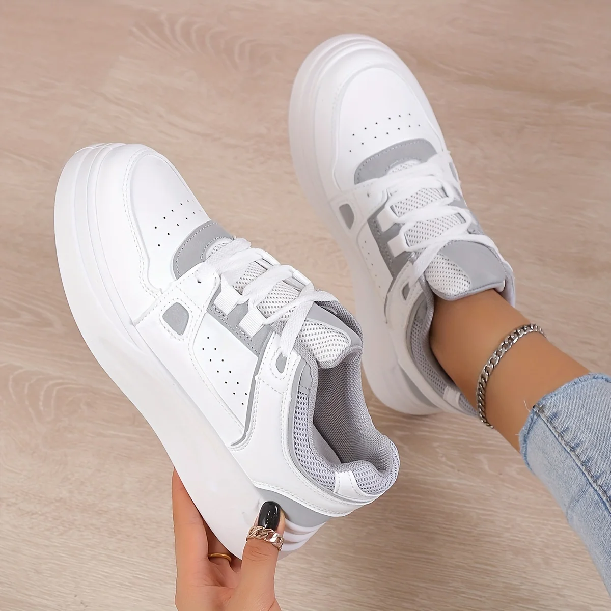 Spring Women Faux Leather Sneakers Lace Up Low-top Round Toe Thick Bottom Outdoor  Women Shoes Comfy Versatile Zapatos De Mujer