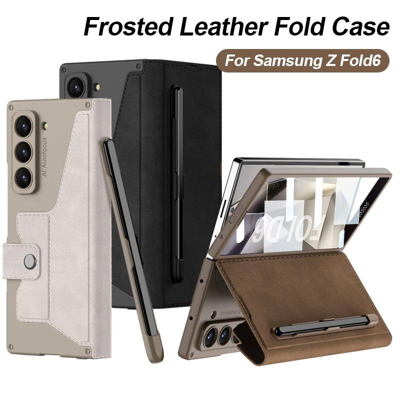 

Armor Leather Fold Stand Case for Samsung Galaxy Z Fold 6 Outer Glass Velcro Pen Slot Card Package Cover For Galaxy Z Fold5 Case