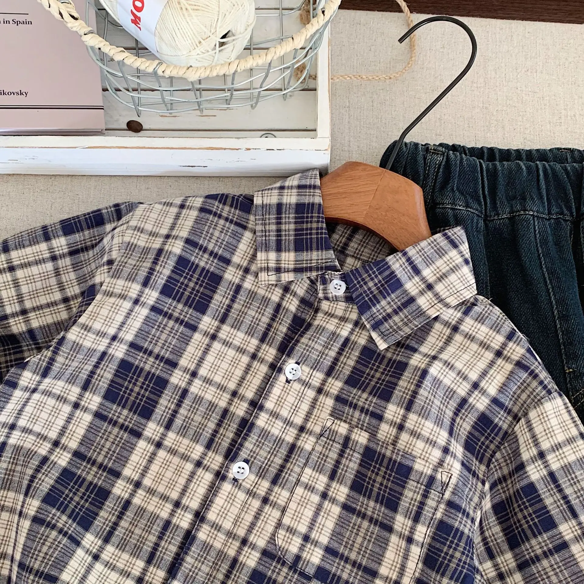 Children's Pure Cotton Shirt Spring and Autumn Korean Version Casual Boys and Girls Embroidered Plaid Shirt Baby Versatile Shirt