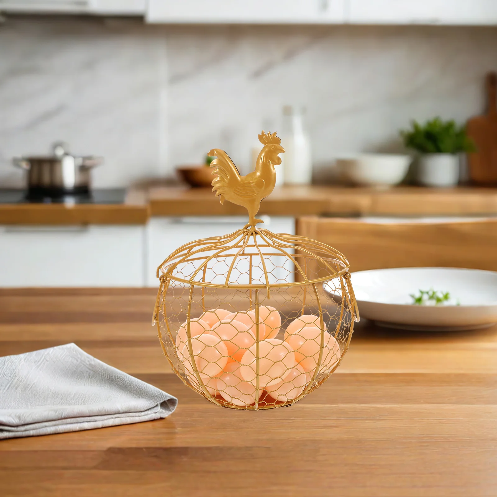 

Golden Iron Egg Basket Round Metal Wire Storage Bin For Kitchen Countertop Farmhouse Table Centerpiece Snack Bread Fruit