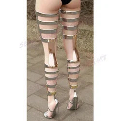 Silver Hollow Out Sandals Boots Thigh High Open Toe Shoes for Women Stiletto High Heels Sexy Lady Shoes 2024 Zapatos Para Mujere