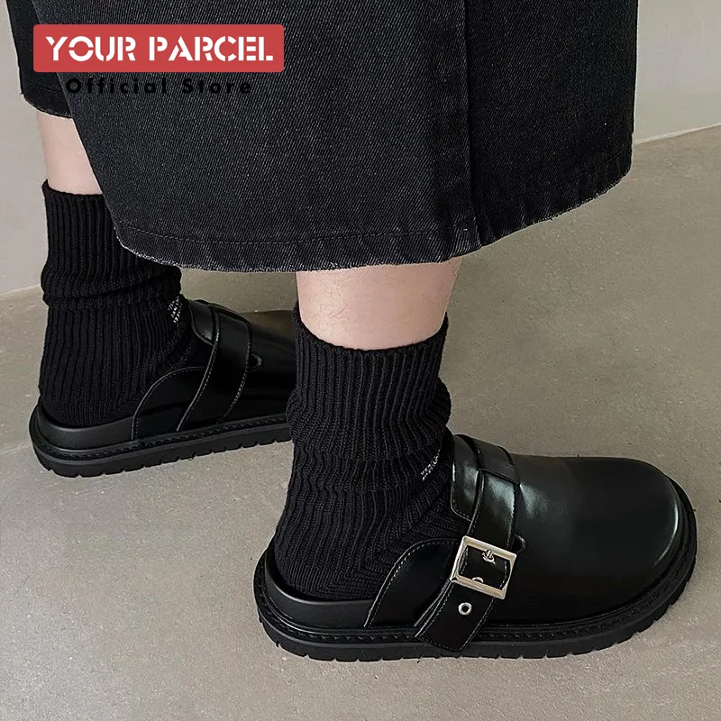 Summer birken shoes for men bright black versatile commuting Mules shoes with leather toe caps and height increasing slippers