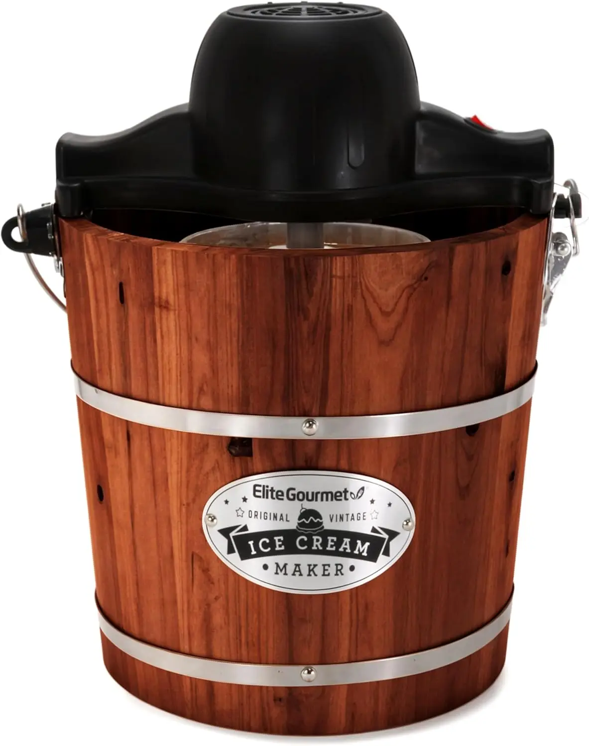 

EIM418 Old Fashioned 4 Quart Vintage Walnut Wood Bucket, Electric Ice Cream Maker Machine, Uses Ice and Rock Salt Churns Ice