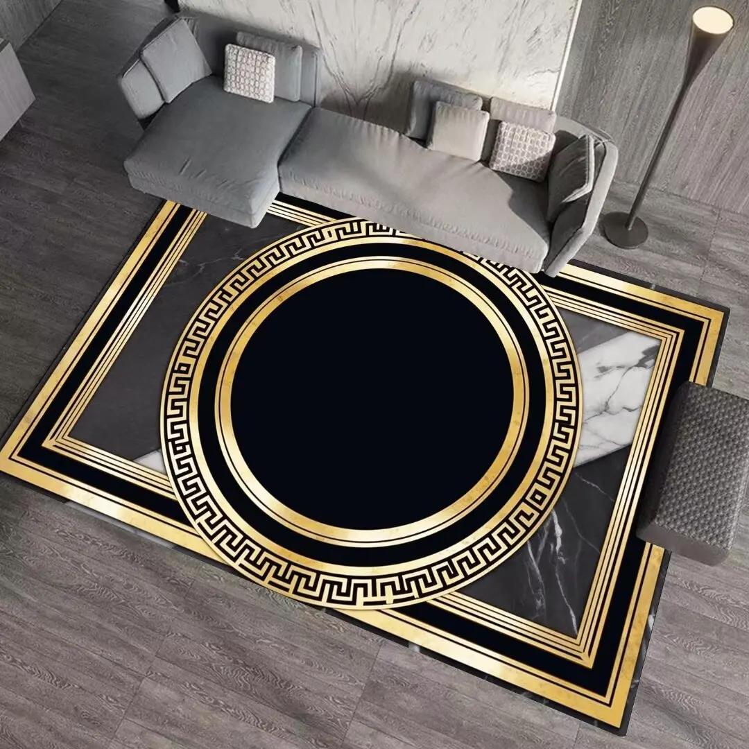 

European Luxury Golden Frame Carpets for Living Room Decor Black Marble Decoration Home Sofa Floor Mat Washable Rugs for Bedroom