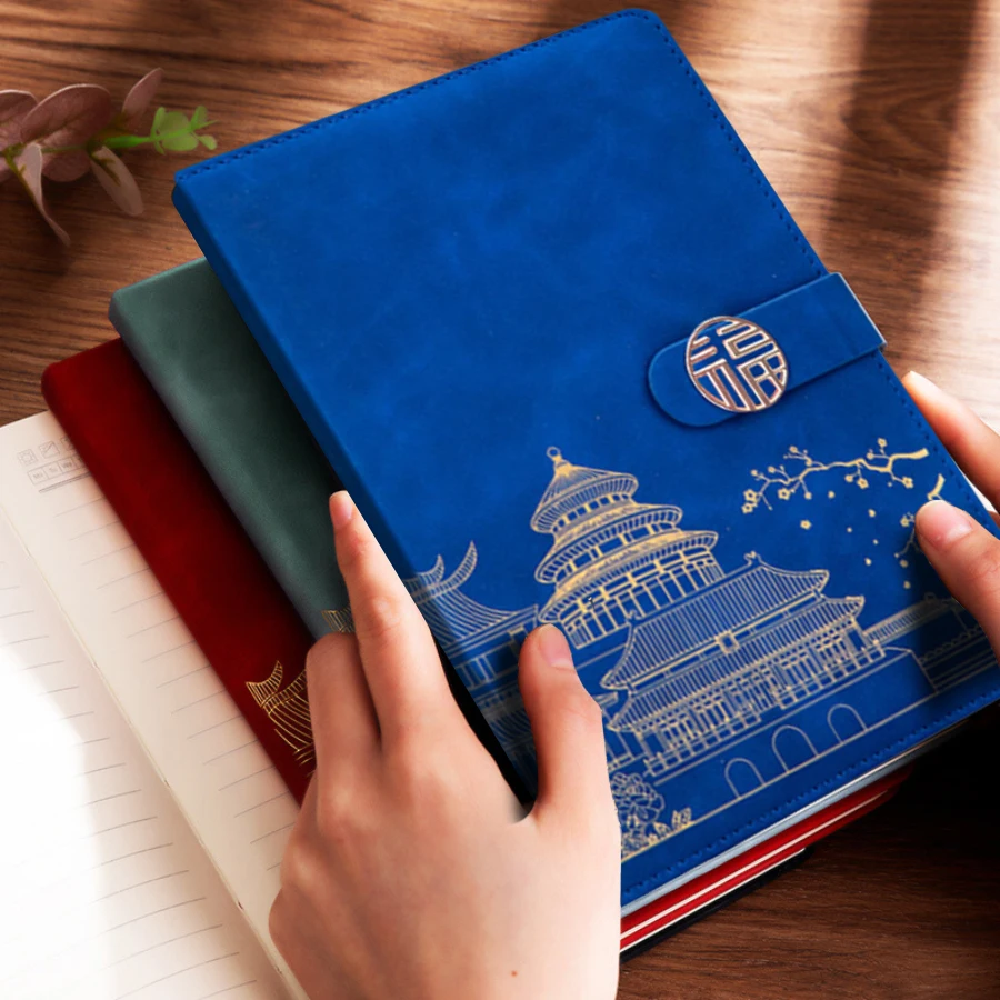A5 PU Leather Notebook with 2 Black Pens, Chinese Temple Print, 5 Colors (Blue/Black/Red/Green/Brown) for Daily Writing