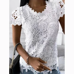 Fashion Elegant Embroidery Casual Shirt Woman Summer Tops Short Sleeve Hollow Lace White Blouse Ladies O Neck Women Shirt 24737