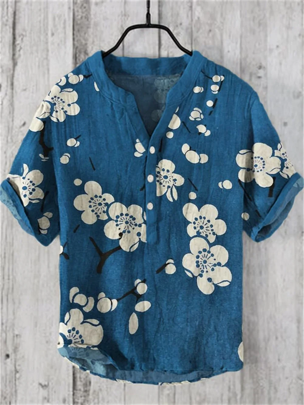 

Printed pattern short sleeved linen Henry neck shirt designed by Hawaiian style designer for casual and comfortable pullover