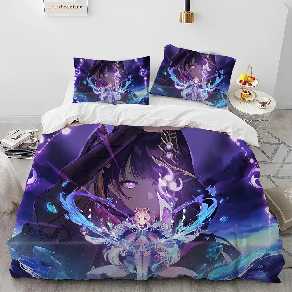 Genshin Impact Game Gamer Cartoon Comforter Bedding Set,Duvet Cover Bed Set Quilt Cover Pillowcase,king Queen Size Bedding Set