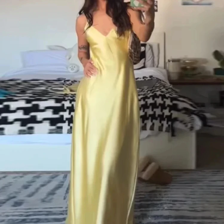 ผู้หญิงฤดูร้อนคราบสีเหลือง V คอชุดสลิง Elegant หลวม Maxi Robes 2025 ใหม่สุภาพสตรี Holiday Dresses