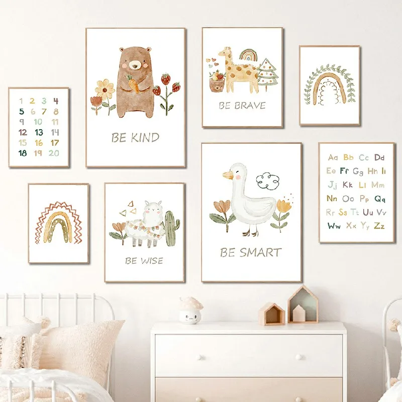 Boho Alpaca Bear Duck Giraffe Rainbow Alphabet Nursery Wall Art Canvas Painting Posters And Prints Wall Pictures Kids Room Deco