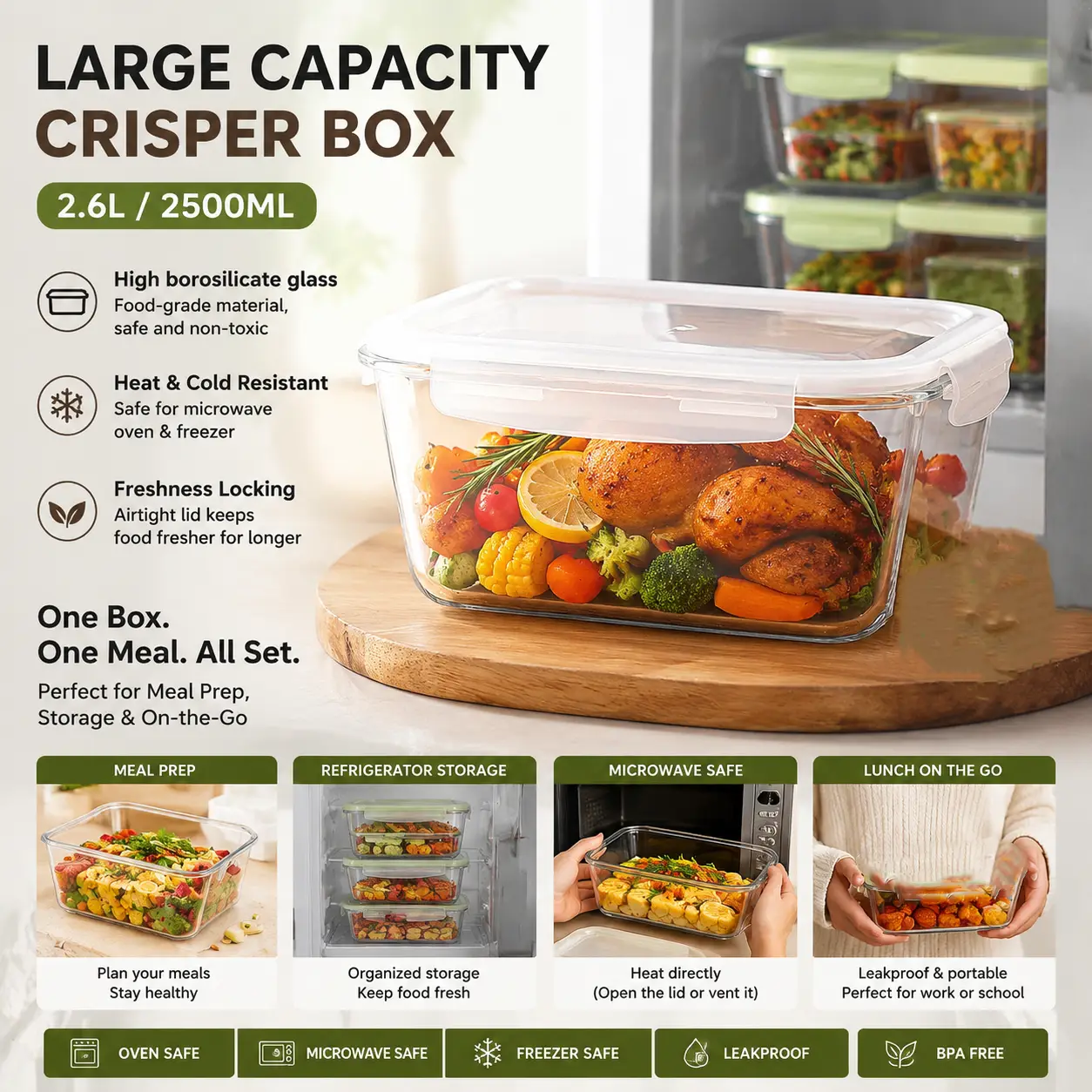 Glass food storage container with lid