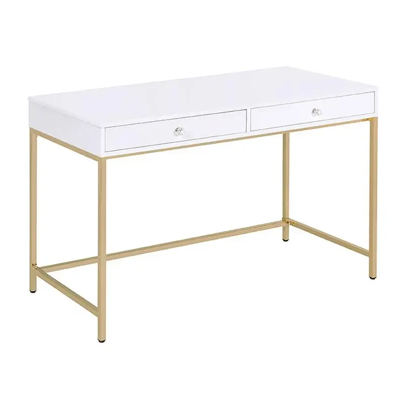 

High Gloss White and Gold 2-Drawer Desk for Writing and Office Use