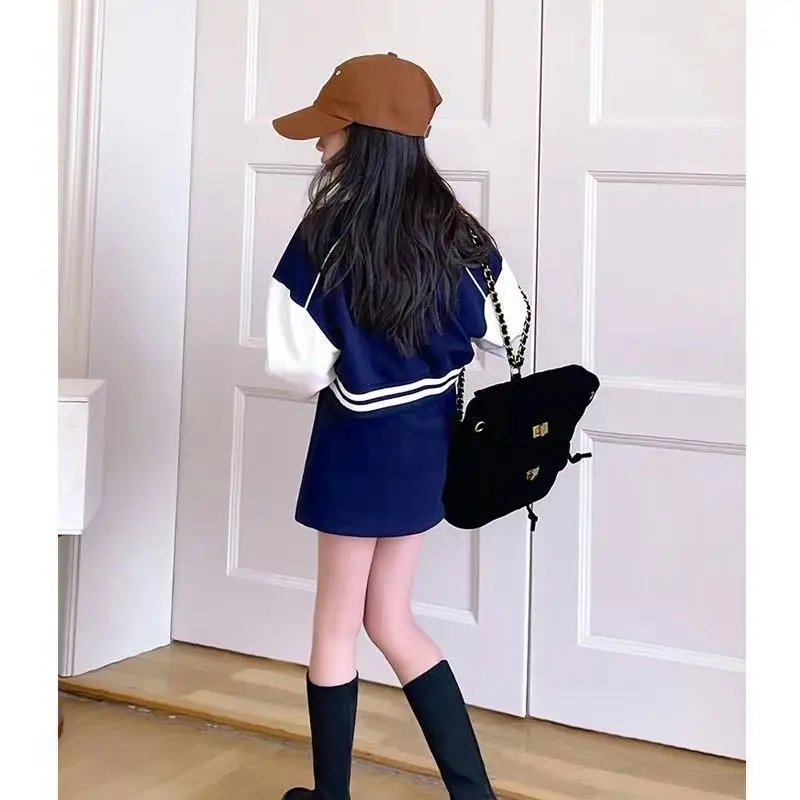 2024 autumn winter Girls Jackets Teenager Patchwork Button striped Crop Top Coats Jacket + sexy short skirt 5 6 7 8 9 10 11 year