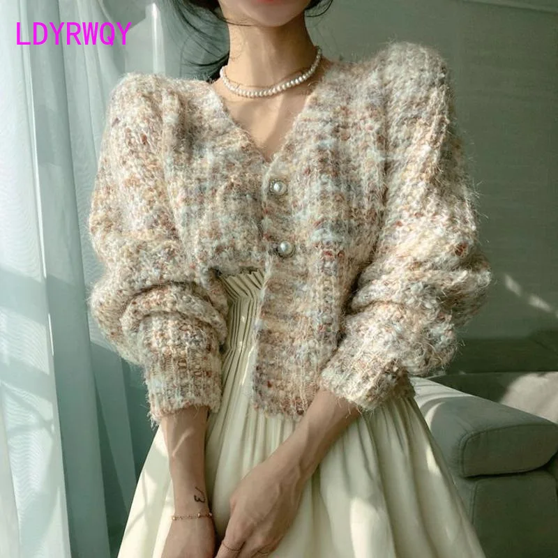 Autumn Age Reducing Single breasted Rainbow Candy Mixed Color Knitted V-neck Cardigan Sweater Coat Female Sweaters