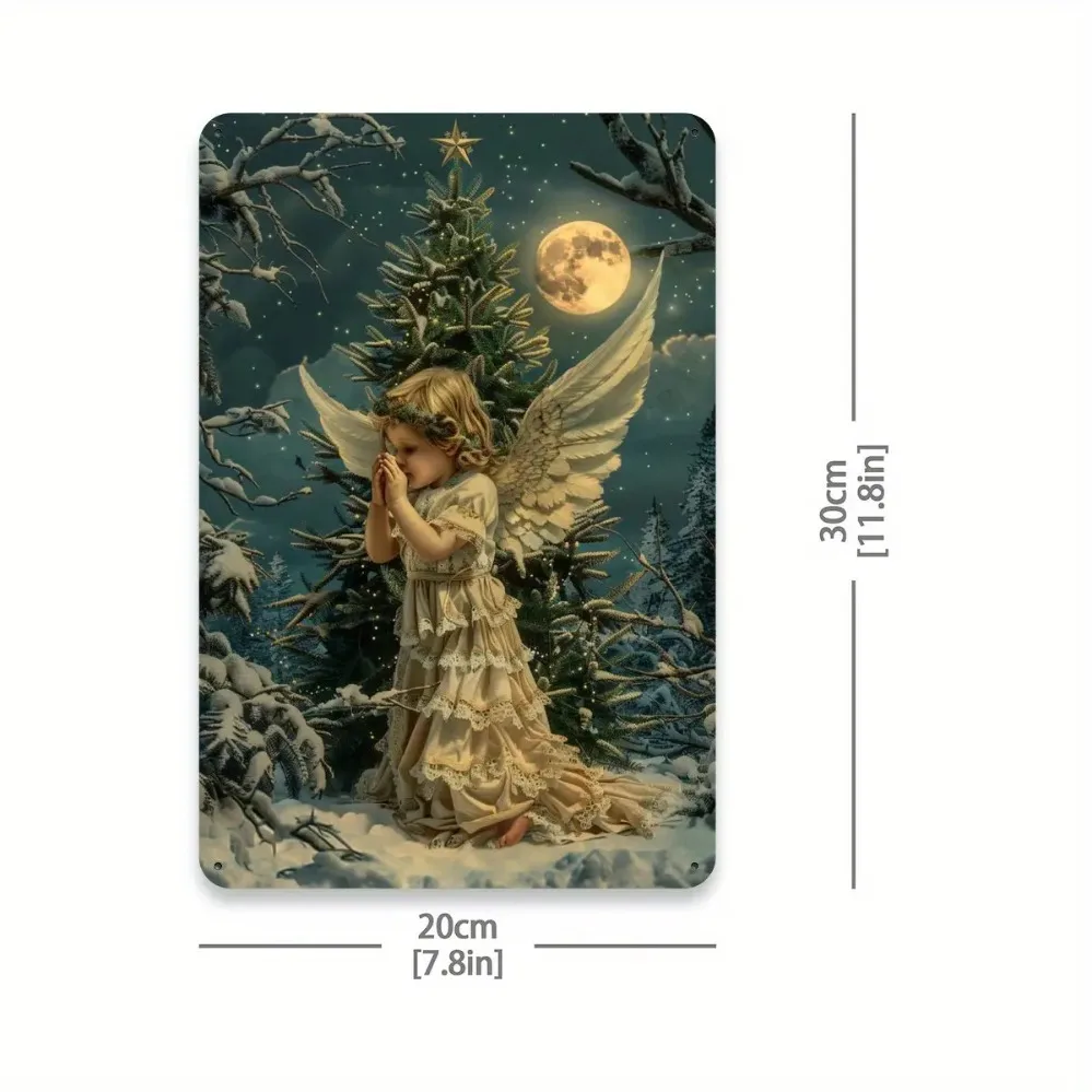Vintage Tin Angel Metal Christmas Wall Decor 8x12 Inch Rustic Holiday Hanging Sign Prayer Angel Snow Scene Indoor Outdoor Home C