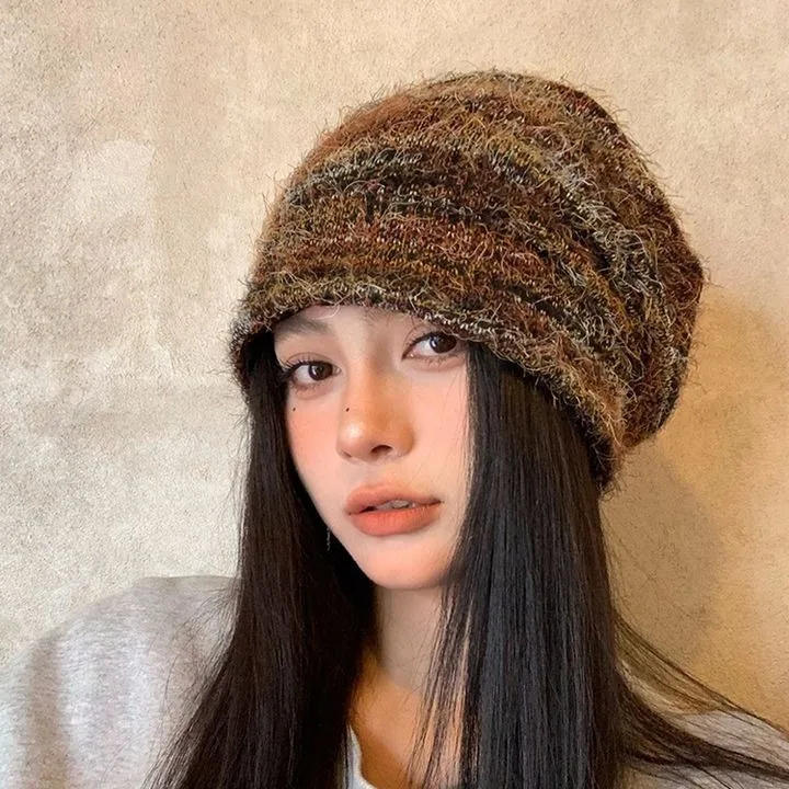 Retro Slouchy Faux Fur Beanie for Women Versatile Oversized Fit for Smaller Faces Knitted Puffy Hat