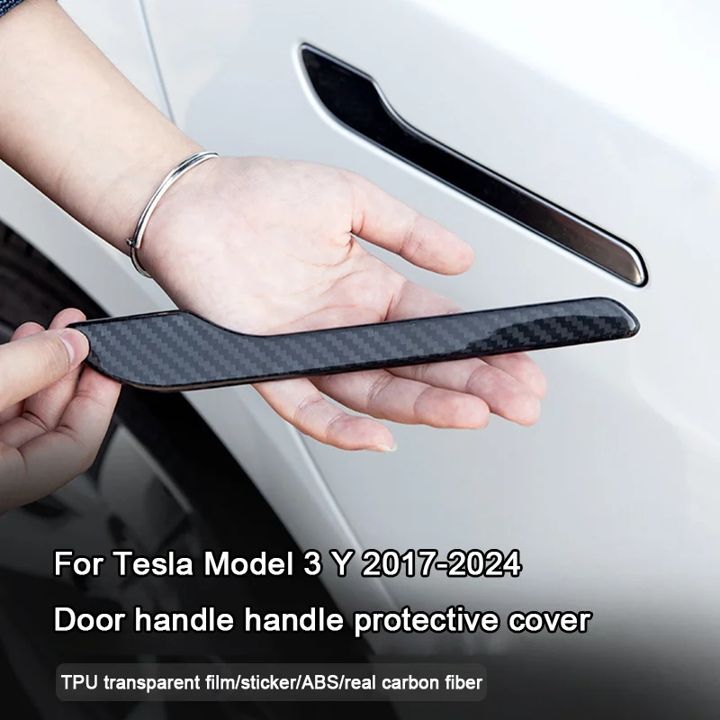 Para tesla modelo y 3 /3 + highland 2017-2024, fibra de carbono real maçaneta da porta do carro capa película protetora quadro adesivo guarnição exterior