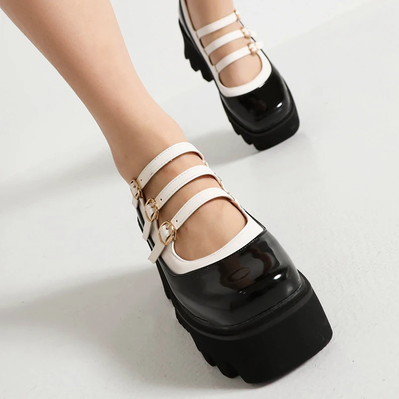 Three Rows Of Metal Belt Buckles And Ribbons Hollow Out High Rise Shoes Platform Bright Patent Leather Breathable Women Pumps