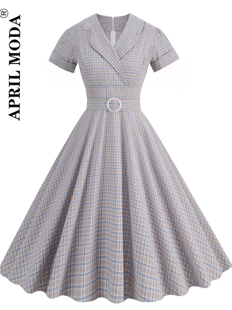 

1950s Vintage Hepburn Summer Women Dress 2023 England Short Sleeve Plaid Print Sundress Swing Pinup Cocktail Runway Midi Dresses