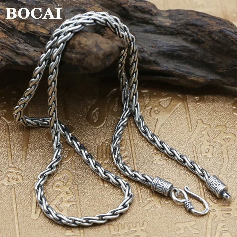 BOCAI Real s925 Silver Jewelry Personality Vintage Men's Necklace 2021 Trendy Hemp Rope Clavicle Chain