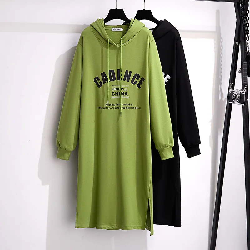 175Kg Plus Size Women's Bust 170 Spring Autumn New Loose Hooded Letter Sweater Dress Black Green 6XL 7XL 8XL 9XL 10XL 11XL