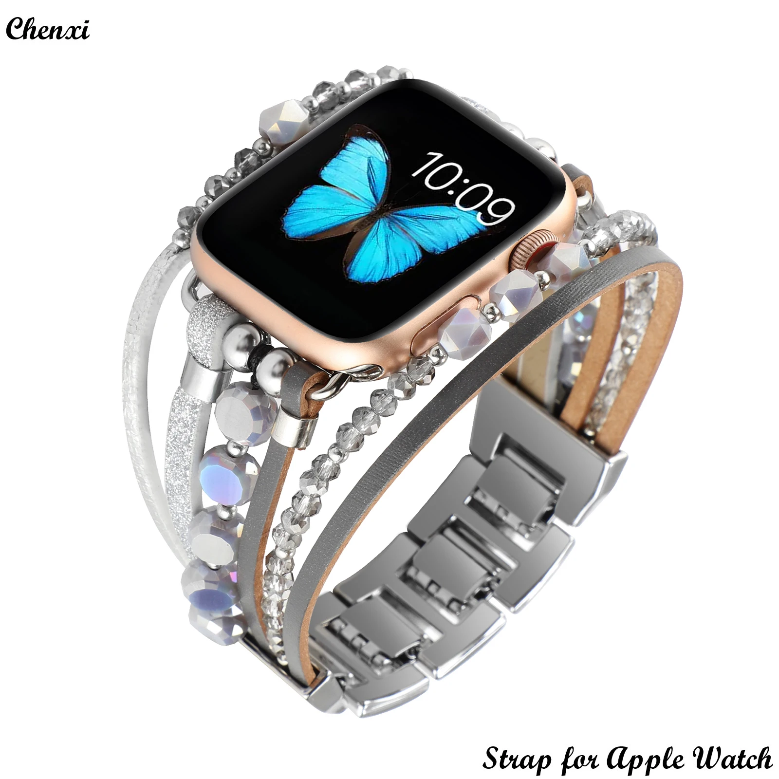 

Metal Strap for Apple Watch Ornament Chain Bracelet Strap for Series 87654SE40 41 42 44 45mm Bead band Ultra Women Steel Wrist