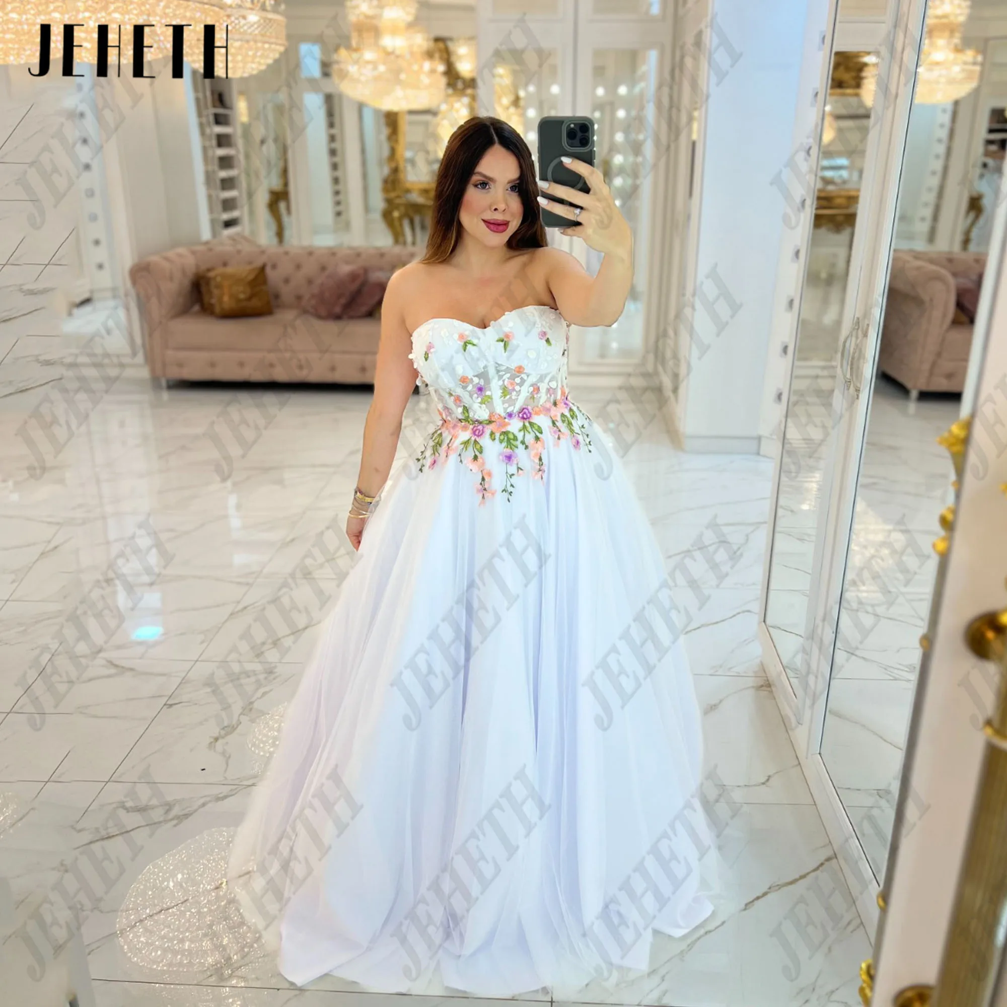 

JEHETH Customized Lace Strapless A-Line Prom Dress 3D Flowers Satin Sleeveless Ivory Long Evening Gown Formal Occasion Dress