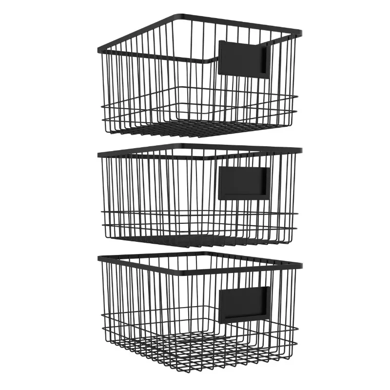 

Metal Wire Organizer Bin Basket with Card Holder, Black - Set of 3
