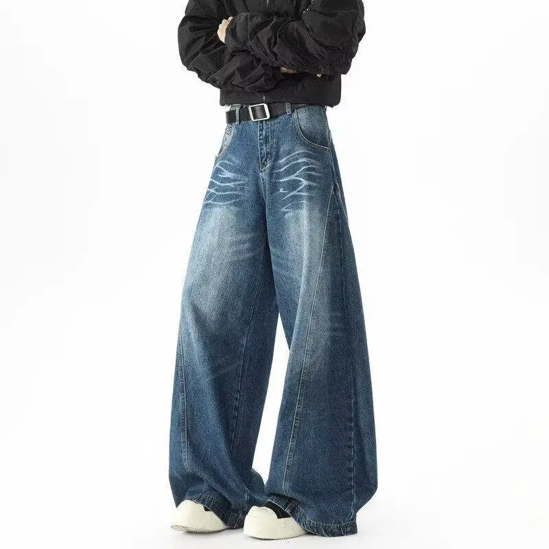 Calças Jeans Americanas Lavadas de Perna Reta para Homens e Mulheres, Calças Longas Soltas de Perna Larga com Caimento Fluido...