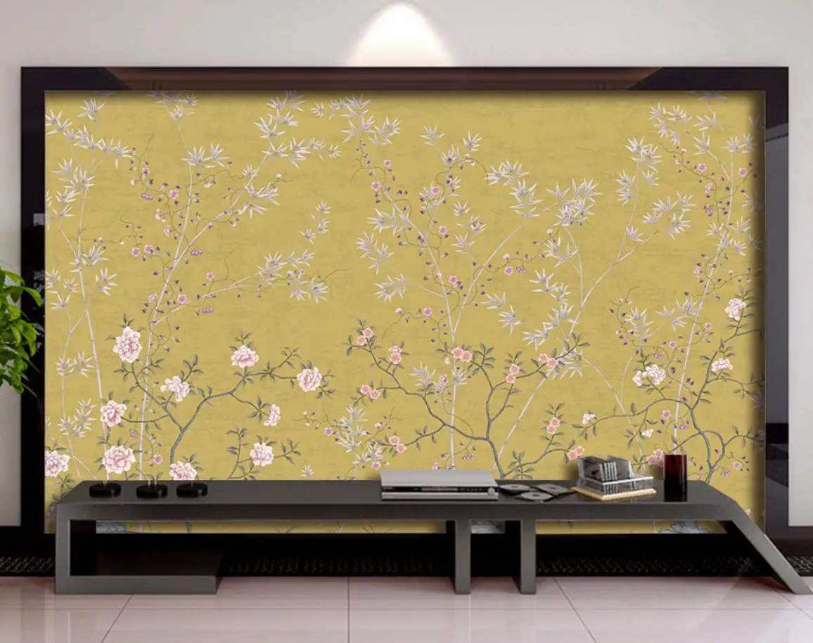 customized New Chinese style meticulous hand-painted flowers birds trees flowers customized 3D mural wallpaper canvas self-adhes