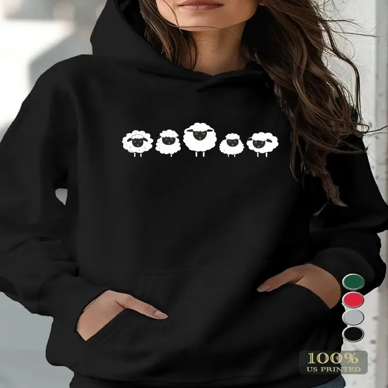 Winter Fall Women Female Clothes Plus Size Oversize Sweatshirt Cute Cotton Sheep Animal Graphic Long Sleeve Round Neck Elegant