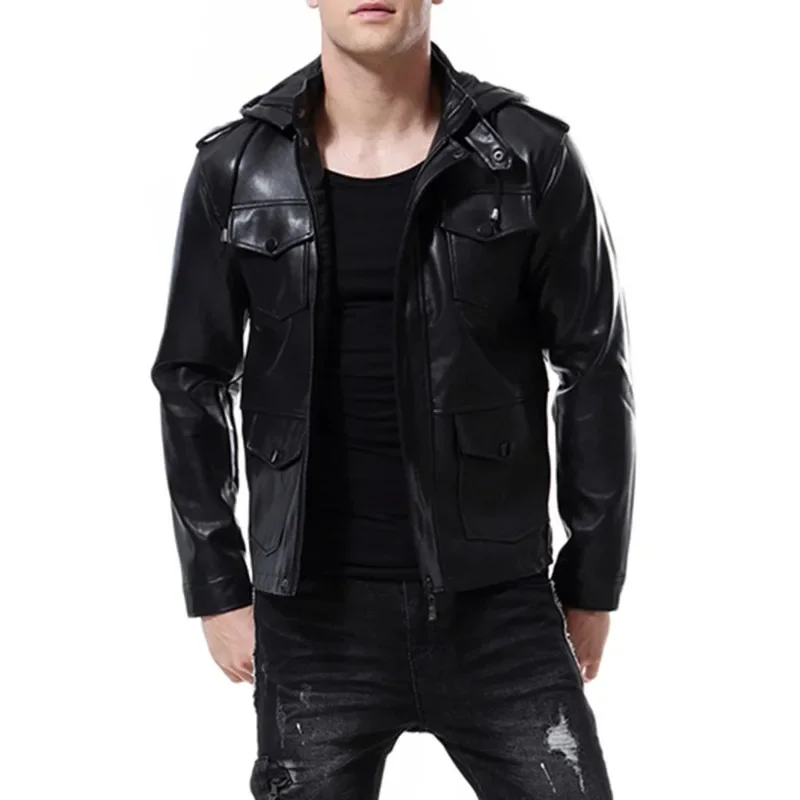 2023 Autumn New Men Casual Hooded Coat Solid Color Motorcycle Long-Sleeved Leather Jacket Man Fashion Loose Outwear