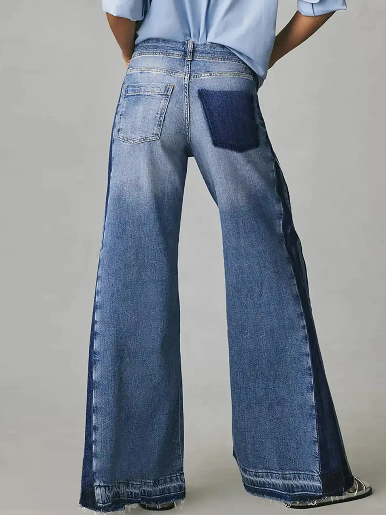 Women Mid Rise Wide Leg Jeans Blue Denim Patchwork Pants Slight Stretch Vintage Washed Casual Trousers Retro Streetwear