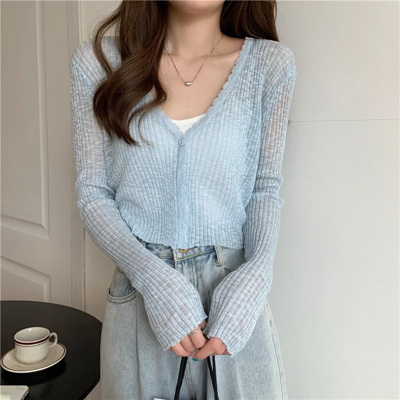 Sheer Ribbed Knit Cardigan with One Button Long Sleeve Crop Top Women Teen-girl Spring Summer Fairycore Outfit