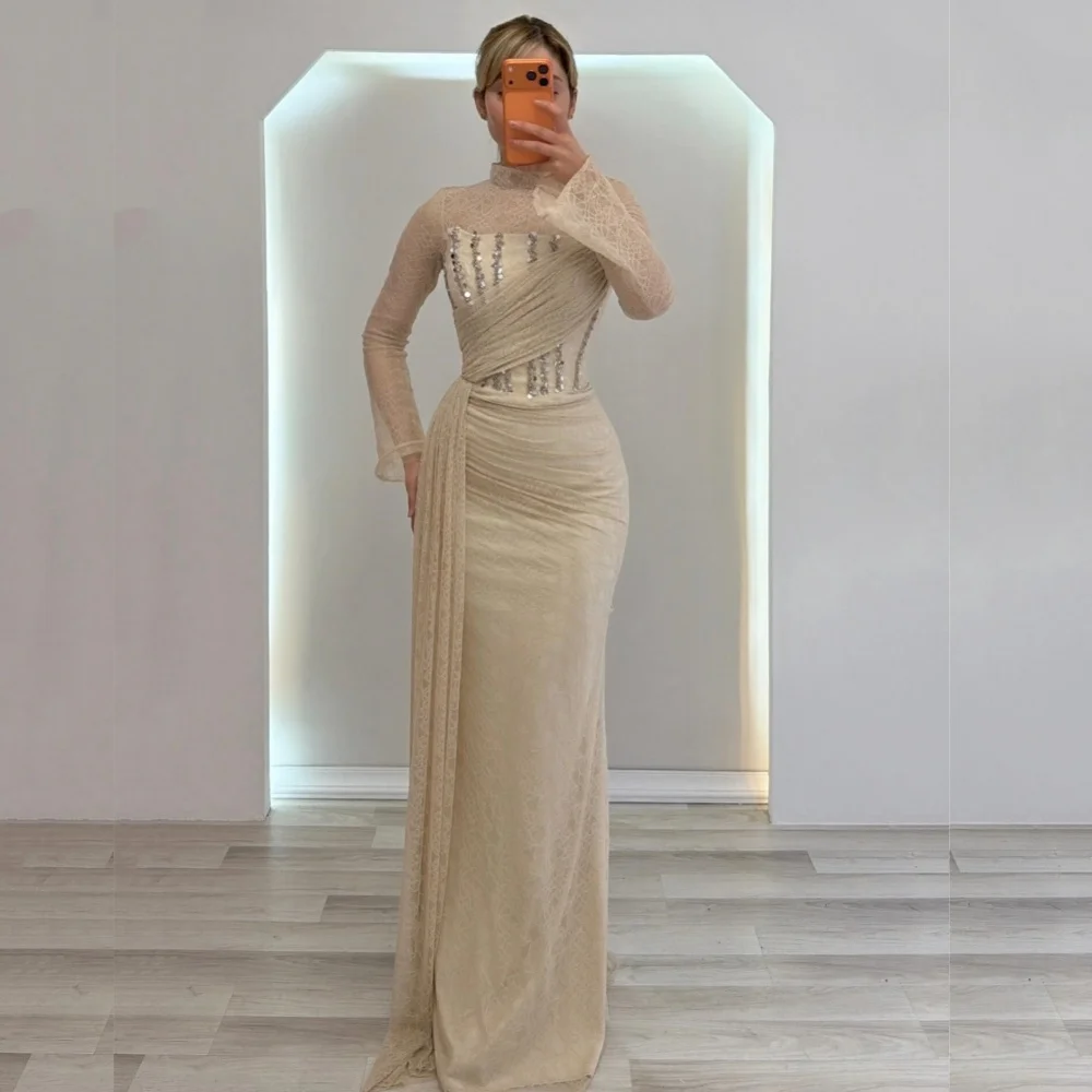 

Customized LaceHigh Collar Glitter Formal Evening Dress Trumpet Pleat Long Dresses Classic Wedding Party Dress High Quality