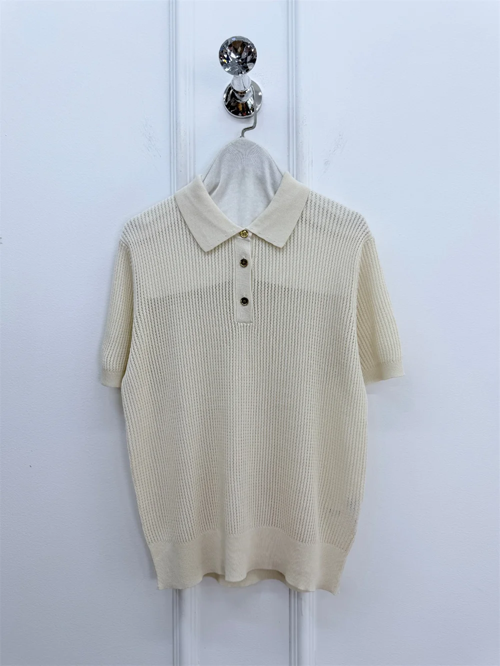 Women's Polo Collar Hollow-Out Blended Knitted T-Shirt Minimalist Breathable Slimming Short-Sleeved Top