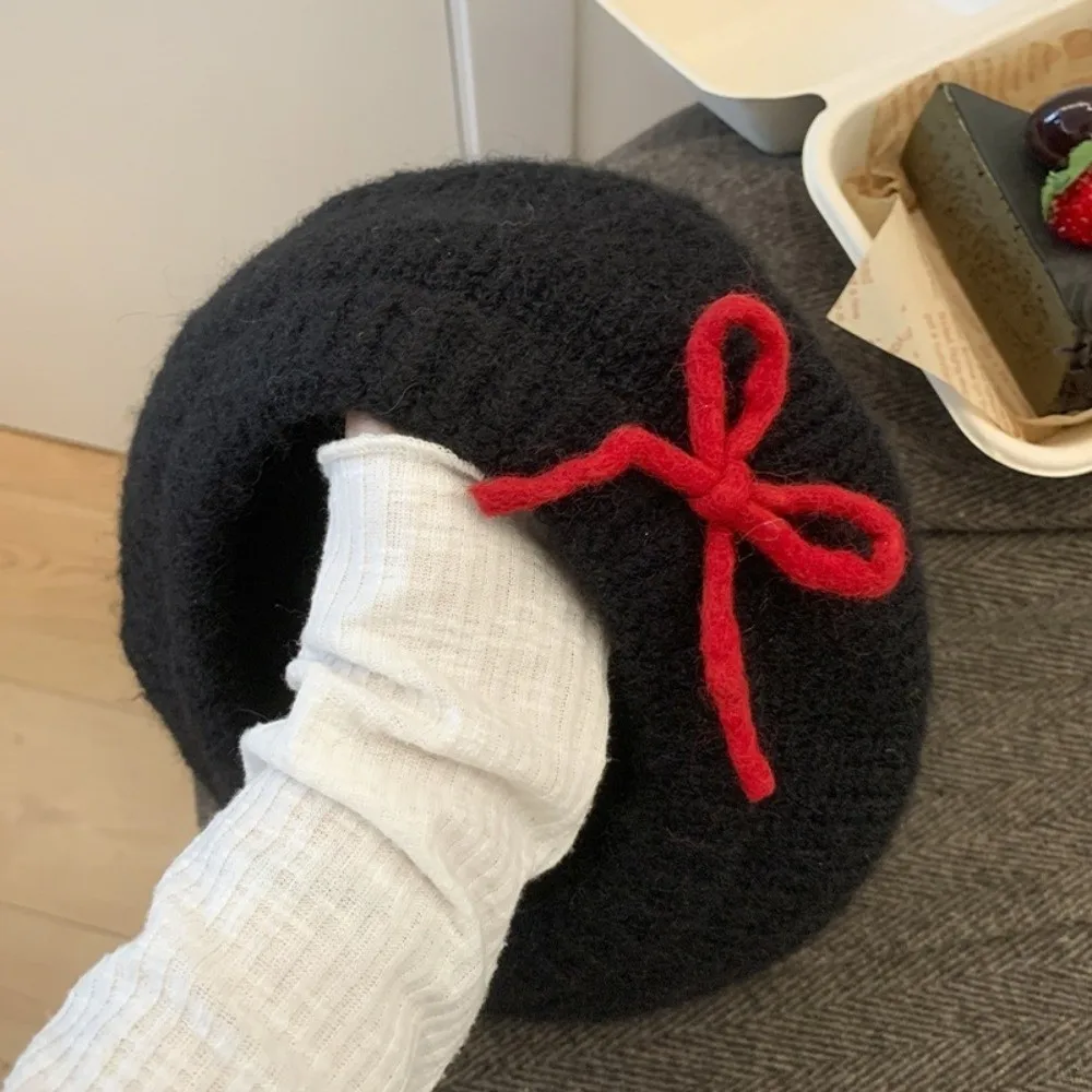 Korean Style Thermal Bow Knitted Beret Hat Cold Proof 56-58cm Warm Fall Winter Hat Cotton Painter Beret Hat For Women