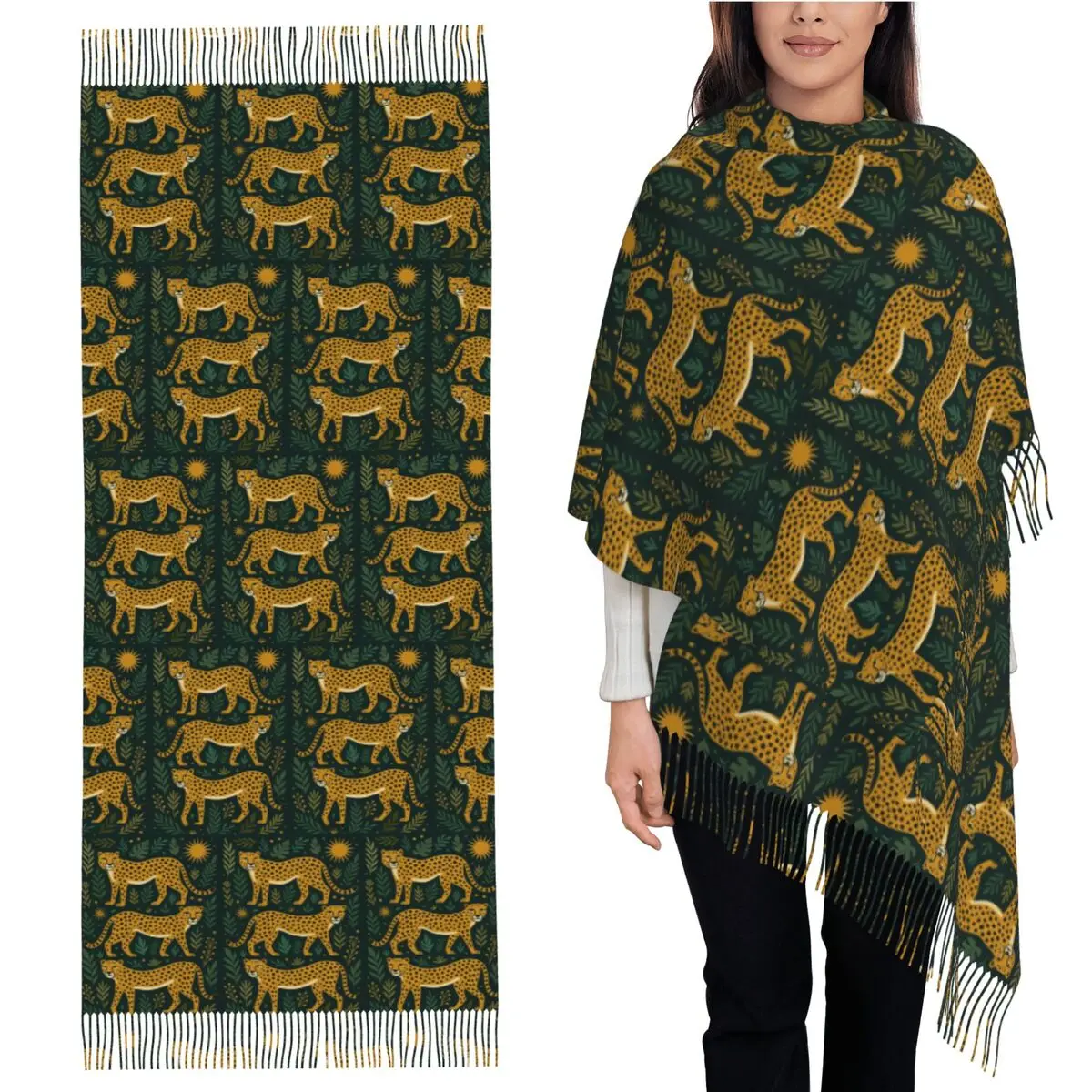

Женский бесшовный шарф с кисточками и принтом гепарда в джунглях, мягкие теплые шали и накидки, длинная осенне-зимняя шаль