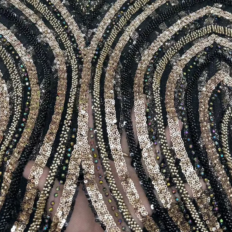 

Black Sheer Lace Fabric African Embroidered Fabric High Quality Sequin Line Design For Dress Tissu Sequin Tissus Africaine Femme