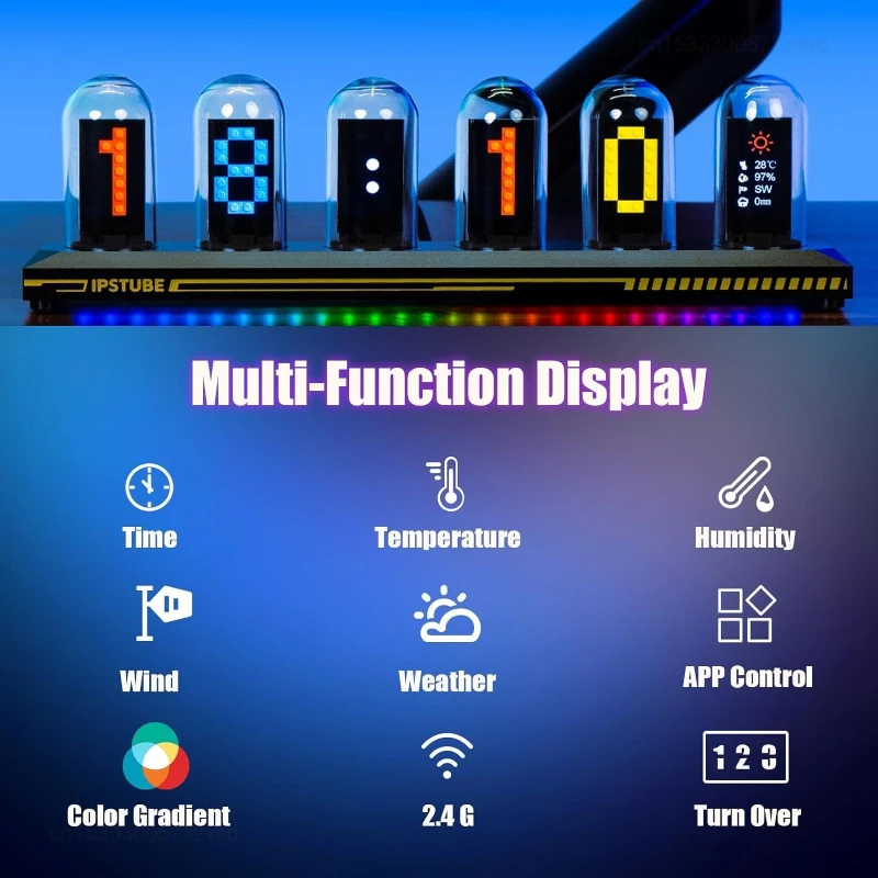 USB Powered RGB Nixie Tube Clock with IPS Color Screen, Corded Electric Aluminum Oval Alarm Clock with Charging Port, DIY Clock