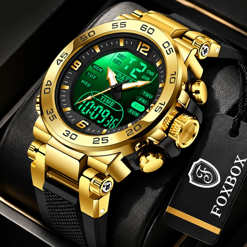 FOXBOX Men's Military Sports Watch Fashion Silicone Dual Display LED Digital Watches for Men 50M Waterproof Quartz Wristwatch