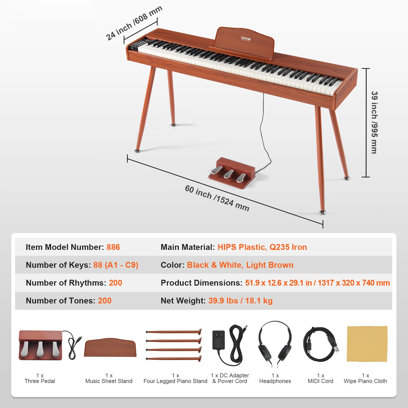 SucceBuy Gewogen digitale piano 88-toetsen Volledig gewogen toetsen Elektrische piano Toetsenbord en luidsprekers 200 tonen en ritmes voor beginners