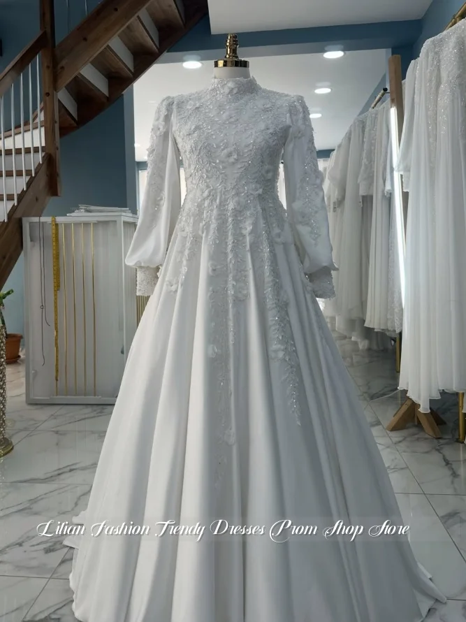 Customized White Muslim Wedding Dress High Neck Long Lantern Sleeve 3D Floral Beaded Chiffon Modest Bridal Gown Engagement Dress
