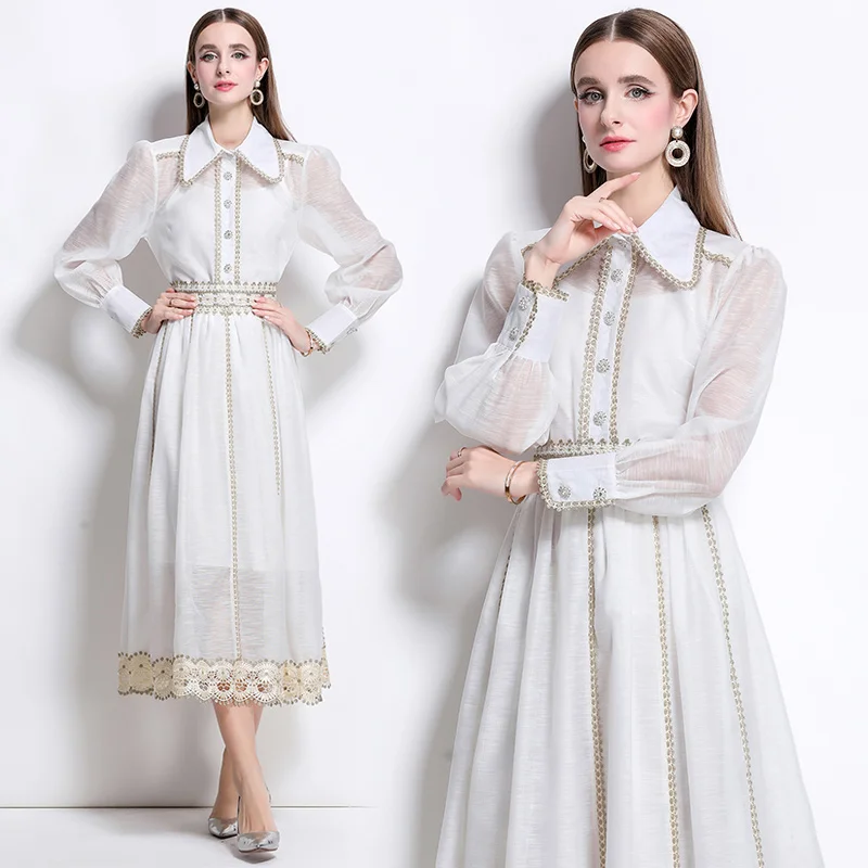 Elegant Slim Versatile Dress with Lace Lace Long Sleeved Shirt and Large Skirt Set French Women's Summer Banquet Attire 2025
